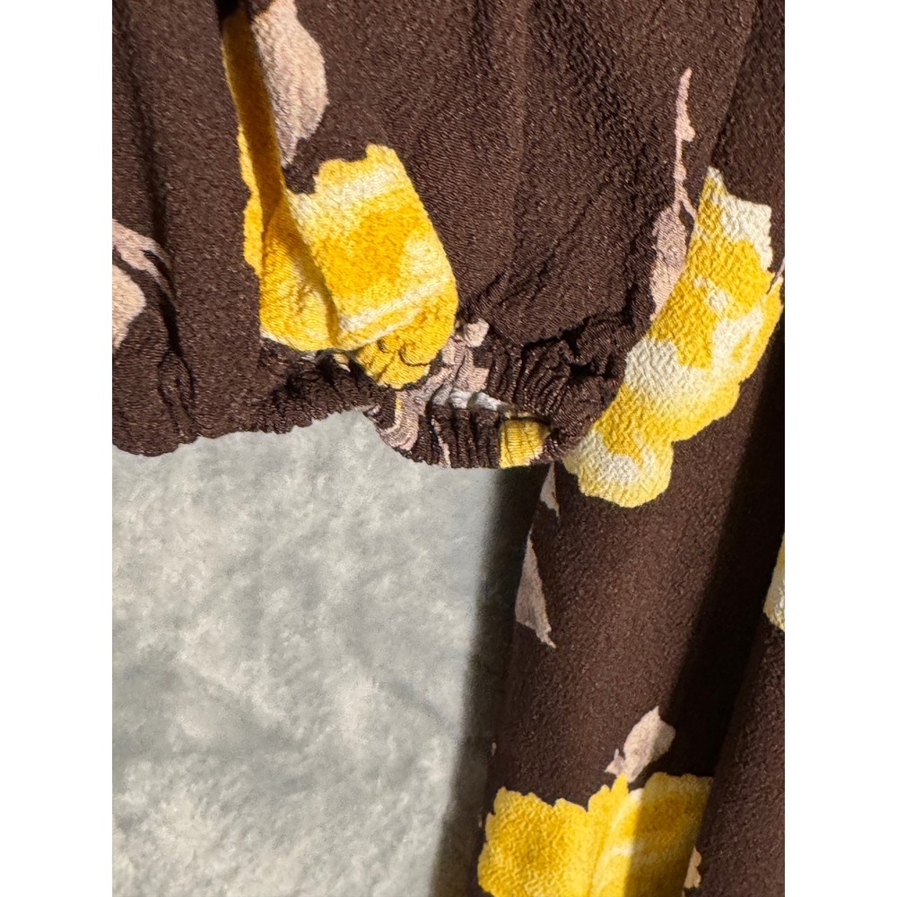 WAYF Brown Yellow Floral Smocked Waist V-Neck Long Sleeve Mini Dress Small - Picture 8 of 13